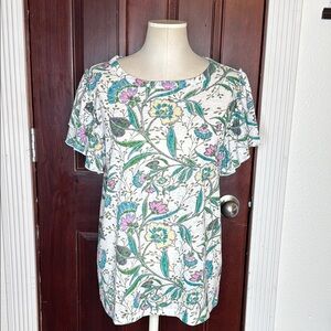 LOFT  White and Blue tired ruffle sleeve tee with feminine details